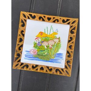 Vintage Frog Mushroom Ceramic Tile Trivet Cast Iron Heart Frame Retro Decor 6x6